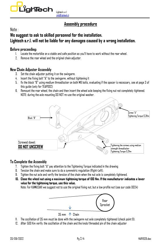 Tendeur de chaîne LighTech BMW S1000RR K67 (19-25) TEBM003