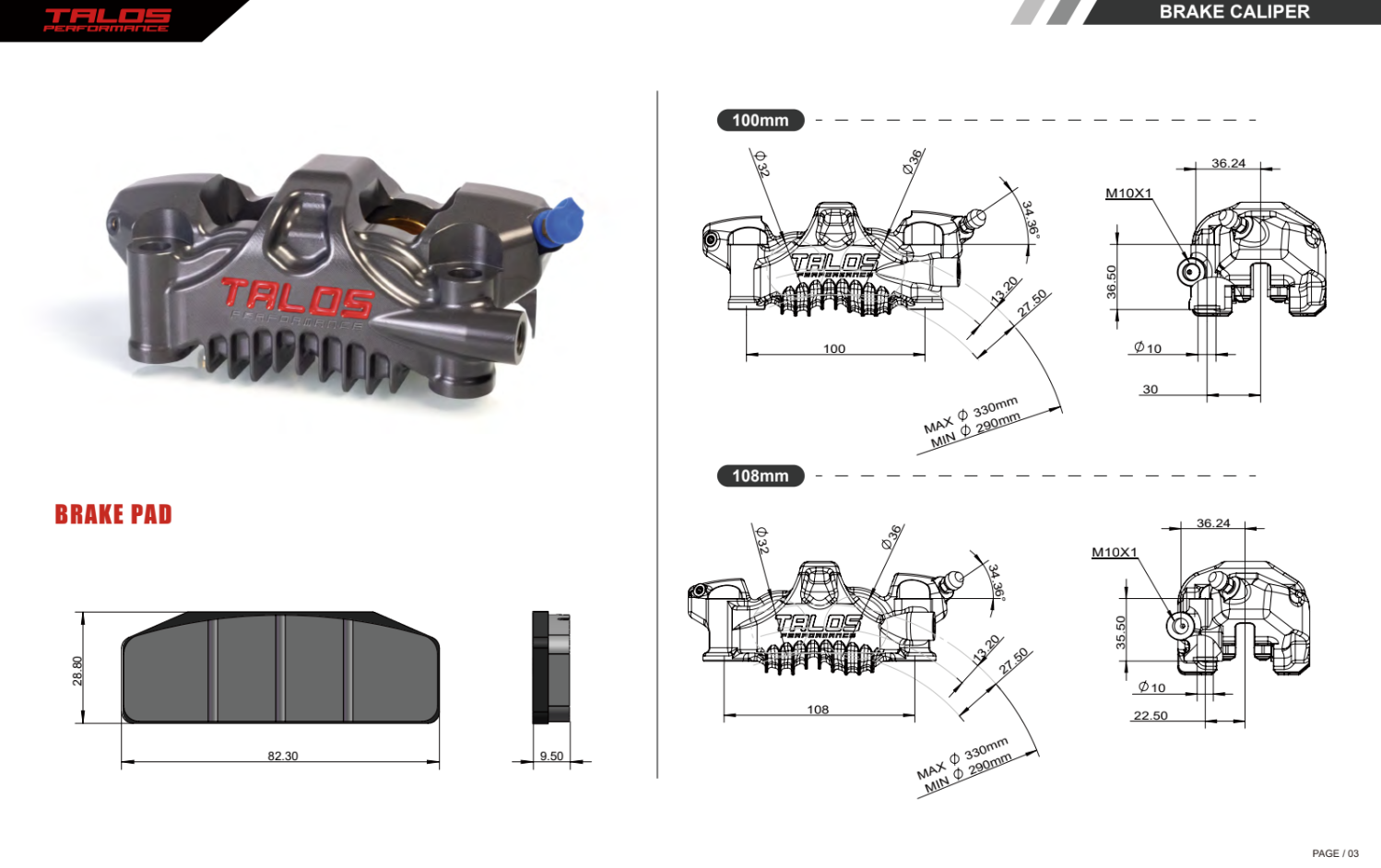 Talos X75 SBK Racing Monoblock P4 32/36 100mm étrier de frein avant droit | X75.100.HD.R 